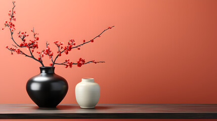  vase and flowers in the style of modern chinese minimalist home decor background
 - obrazy, fototapety, plakaty