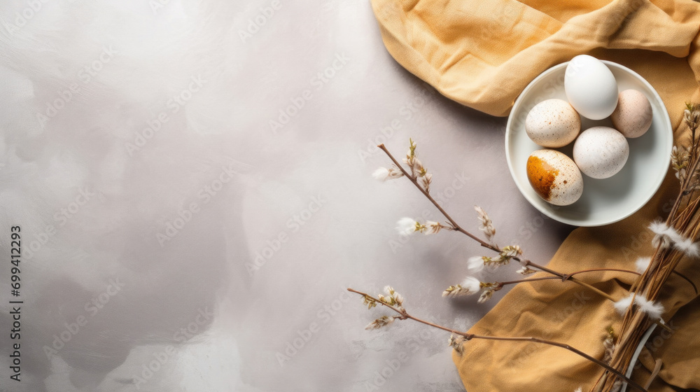 Poster a serene easter setting with speckled eggs in a bowl and delicate spring blossoms on a textured back