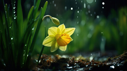 A single daffodil flower blooming in the rain, with water droplets on its petals amidst vibrant green foliage.