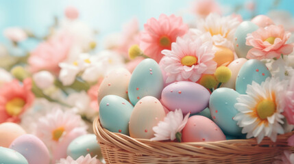 Pastel-colored Easter eggs delicately placed in a wicker basket amongst soft spring flowers.