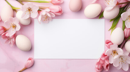 A blank white card enveloped by delicate pink blossoms and white Easter eggs on a pink surface.