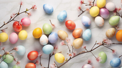 Hand-painted Easter eggs in a spectrum of colors, accompanied by delicate cherry blossoms on a marble background.