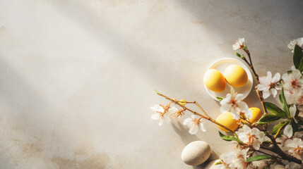 A sunny Easter composition with a refreshing feel, showcasing vibrant eggs and cherry blossoms on a textured backdrop.