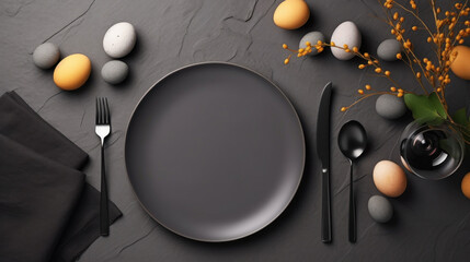 An artistic table setup featuring black cutlery, a matte plate, eggs, and decorative branches on a dark textured background.