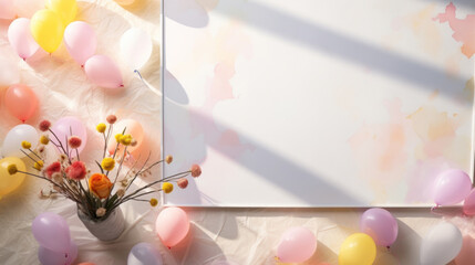 A cheerful celebration background with multicolored balloons, flowers in a vase, and soft pastel tones.