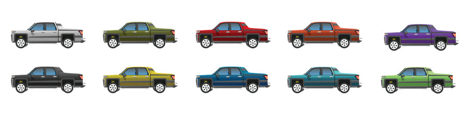 Vector or Illustrator of pickup cars colorful collection. Design of cargo double pickup truck with driving. Colorful cars with separate layers. On isolated white background.