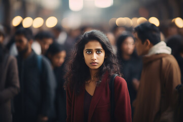 young indian woman standing in big crowd - obrazy, fototapety, plakaty