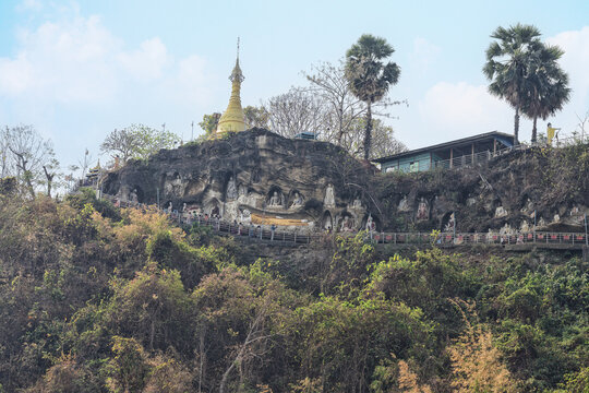 Akauk Taung Monastery and Pagoda with cliffside Buddhas in Pyay, Myanmar