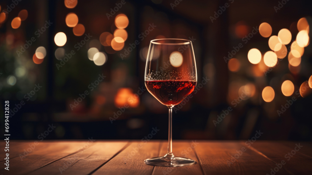 Aufkleber a glass of red wine on a wooden table with a warm, blurred bokeh light background creating an intima