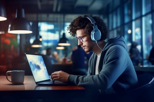 
Portrait Of A Young Man In Headphones And Glasses Working On A Computer In A Cafe