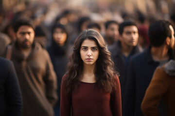 young indian woman standing in big crowd - obrazy, fototapety, plakaty
