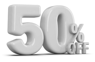 50 percentage off sale discount number white 3d render