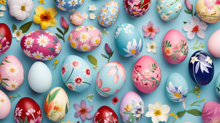 Fototapeta na wymiar A vibrant collection of Easter eggs with intricate floral patterns, set against a striking blue background, celebrating the festive spirit of spring.