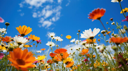 Obraz premium Vivid orange and white wildflowers reach for the sky, a dance of color and life against a backdrop of blue and clouds.