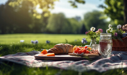 A delightful outdoor picnic setup with fresh food on a blanket in a sun-drenched park, inviting relaxation and enjoyment.