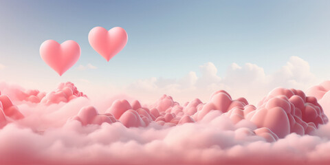 Digital art of pink heart-shaped balloons soaring amongst fluffy pink clouds against a serene sky. - Powered by Adobe