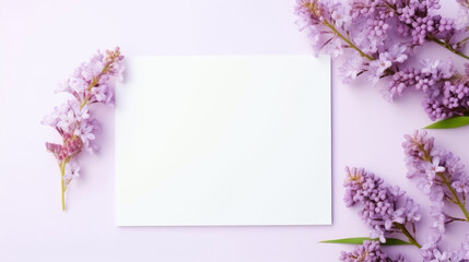 Delicate lilac flowers framing a blank white card on a pastel purple background, inviting and soft.