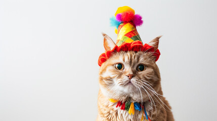 Banner Adorable ginger cat dressed in a festive costume with a clown hat, suitable for fun pet calendars and quirky wall art. AI Generative - obrazy, fototapety, plakaty