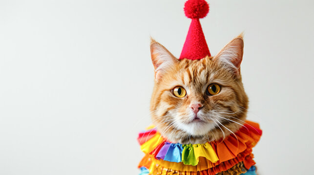 Banner Charming ginger cat wearing colorful party hat and festive ruffle collar, ideal for greeting cards and party invitations. AI Generative