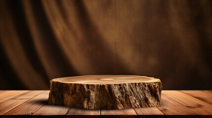 Tree trunk podium on wooden floor with brown curtain background. Can be used for display your...