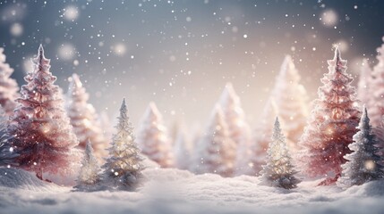 Winter wonderland. Festive christmas tree with bright bokeh lights on snowy seasonal background