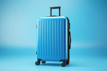 Blue travel suitcase bag standing on blue background