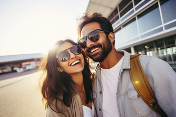 young indian couple taking selfie at the airport - obrazy, fototapety, plakaty