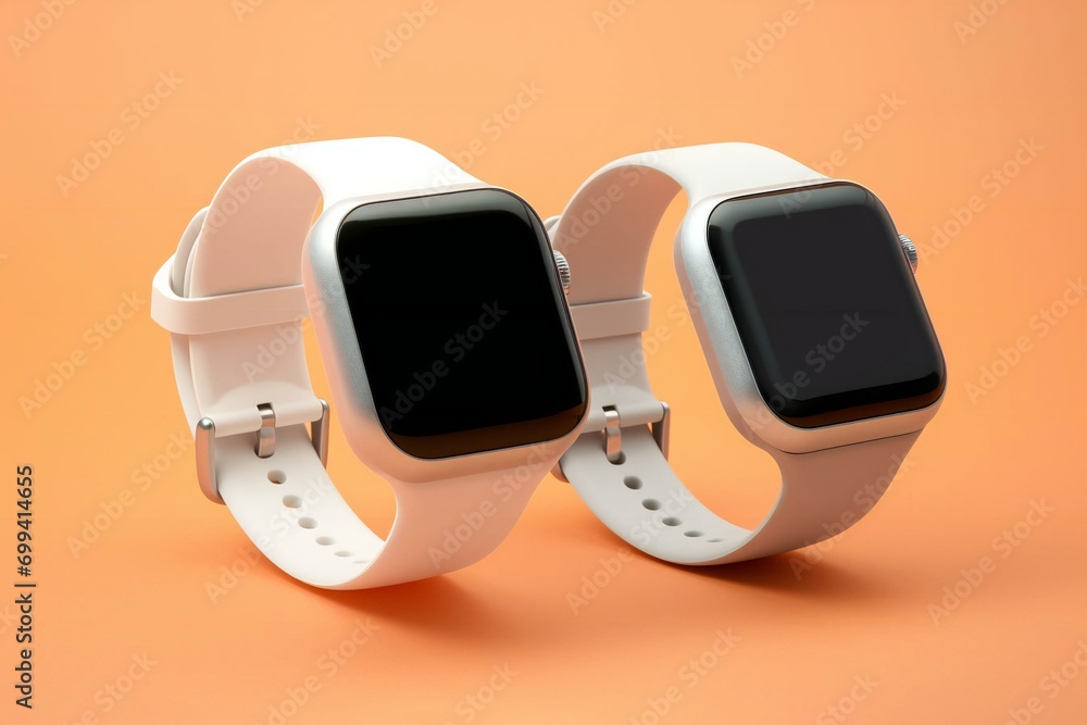 Wall mural White smart watch mockup on orange background