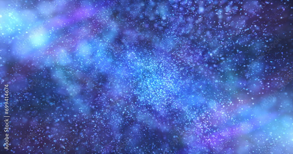 Poster blue background of many blurred circles with bokeh effect of energy magical glowing particles and li