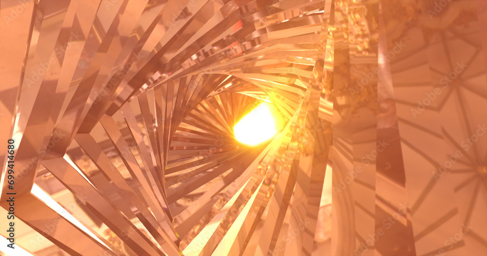 Poster abstract metallic shiny golden yellow polyhedral tunnel frame made of lines of hexagonal edges, mech