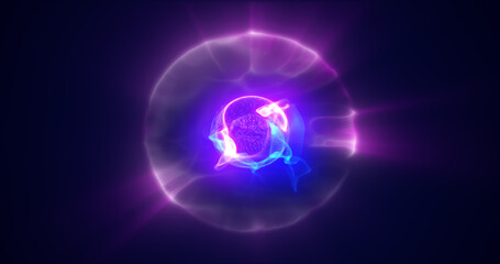 Energy purple blue magic sphere, futuristic round high-tech ball bright glowing atom made of electricity, background