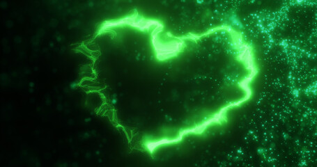 Glowing green fire energy abstract heart made of particles and light for valentines day festive abstract background