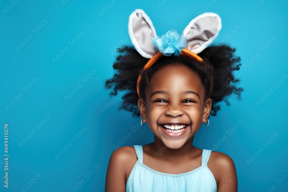 Wall mural Portrait of an African cheerfully laughing girl with bunny ears on a blue background. Holiday traditions concept.