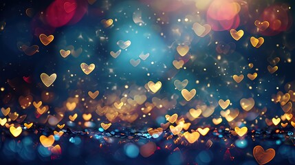 Heart shaped bokeh, blurred background romance Valentine's Day. Gold and dark blue colors card	

