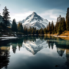 A serene mountain lake reflecting a snow-capped peak.