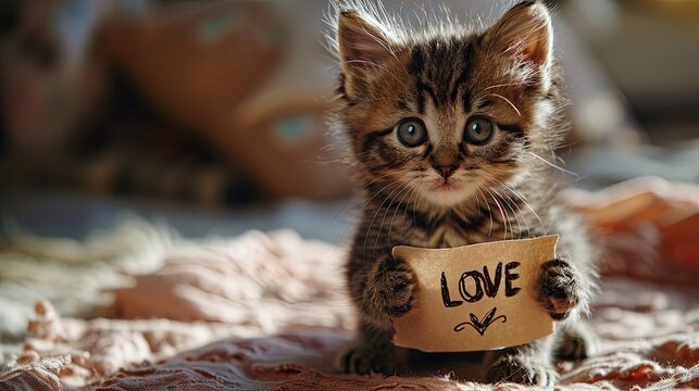 Cute little kitten with blue eyes holds poster with the inscription "Love", declaration of love for Valentine's Day, greeting card