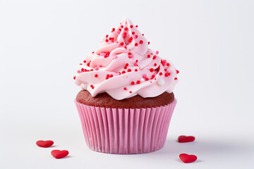 Valentine's Day Cupcake with Pink Icing and Red Sprinkles with Candy Hearts