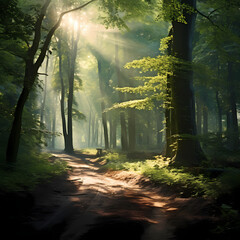 A tranquil forest with dappled sunlight through the trees.