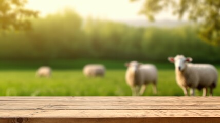 The empty wooden brown table top with blur background of sheep pasture. Exuberant image. generative AI