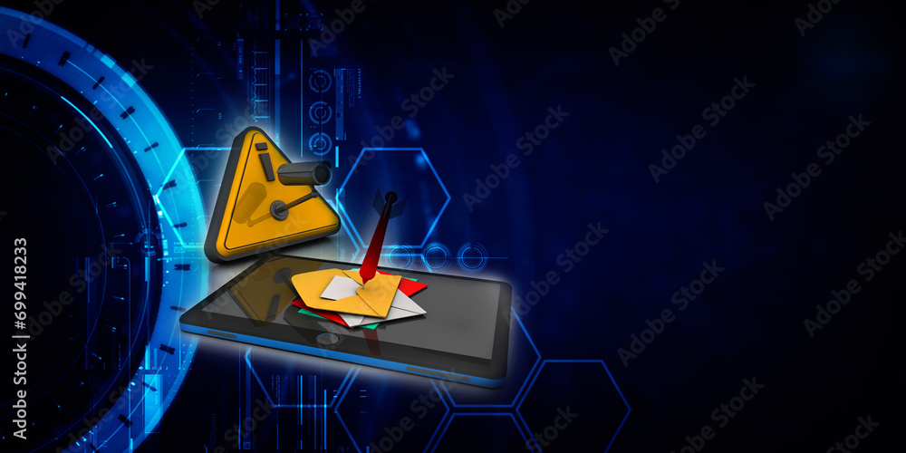Poster 3d rendering envelope network with mobile phone under cctv camera
