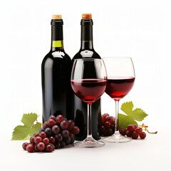 3d render Red wine bottle glasses and grapes isolated generative AI