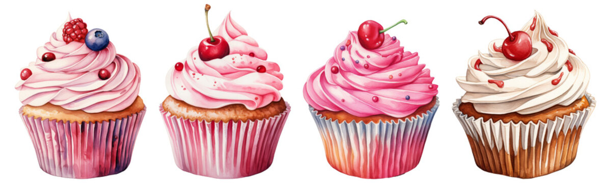 Watercolor set of cupcakes on a transparent background