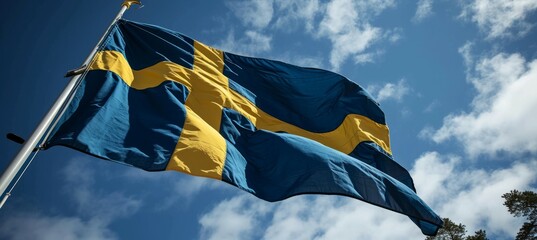 Sweden flag on flag pole. Country independence day concept. Generative AI technology. - obrazy, fototapety, plakaty