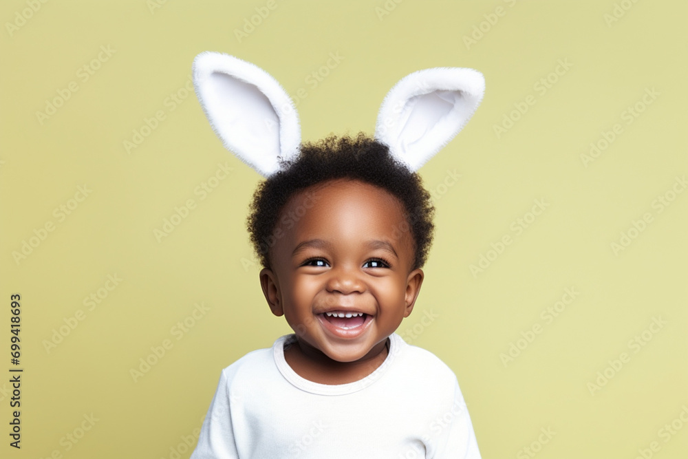 Wall mural Cute African child in a white T-shirt with bunny ears looks at the camera and smiles on a light yellow background. Holiday traditions concept.