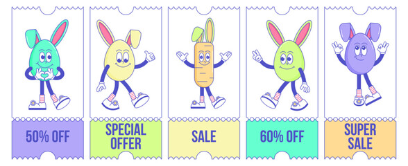 Happy Easter, spring holiday. Retro groovy cartoon character Eggs, Rabbit with bunny ears in different poses. Comic trendy coupon promotion set, discount banner, gift voucher. Vector illustration
