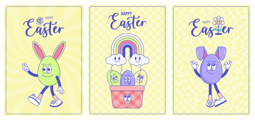 Happy Easter, spring holiday. Retro groovy cartoon characters, elements. Vintage funky mascot poster psychedelic smile, emotion. Comic trendy set cards. Vector illustration 60s 70s 90s style