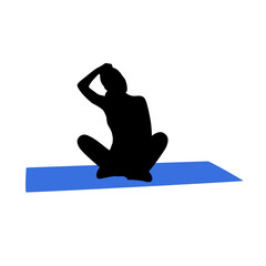 Fitness beautiful slim woman is sitting on the yoga carpet silhouette on white