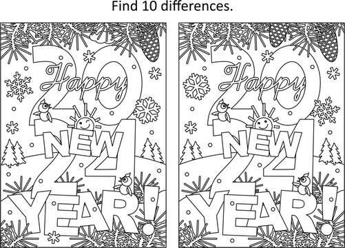 Happy New Year 2024 difference game and coloring page with greeting text and winter scene
