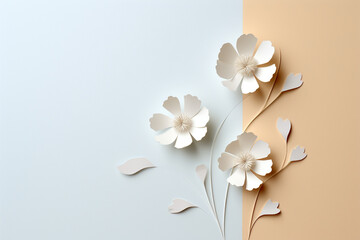 Fototapeta na wymiar Nature, environment, graphic resources concept. Simple and minimalist floral cut paper art on plain background with copy space. Soft muted pastel colors. Leaf, flower or tree twig gutted from paper