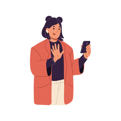 Girl with cute hairstyle greeting, waving hand, posing for selfie. Young woman communicate by video call. User talk, speak by smartphone, phone. Flat isolated vector illustration on white background